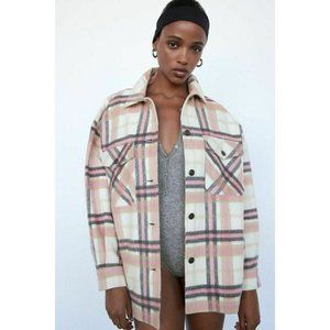 ZARA Ivory Pink Plaid Check Acrylic Wool Blend Overshirt Shacket Jacket, Size M